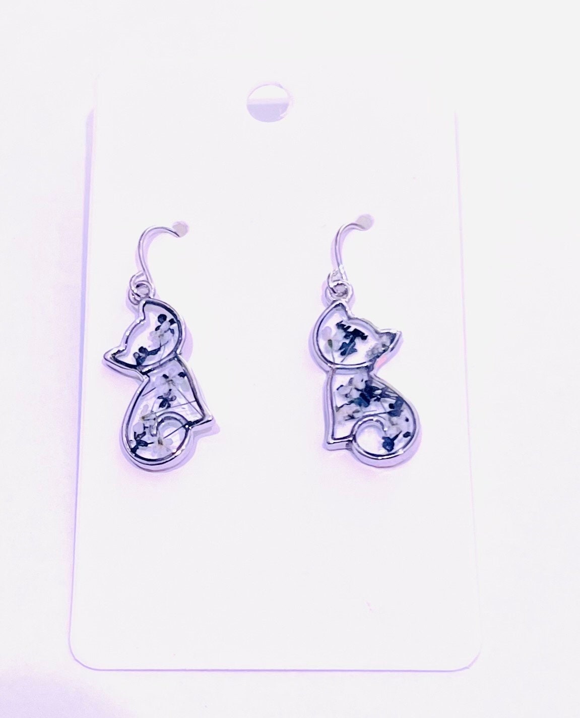 Tuxedo Cat Earrings made with Black and White Queen Anne’s lace flowers. 14K white gold plated earrings. 18K Gold Hoops. Special Gift for Cat Lovers.