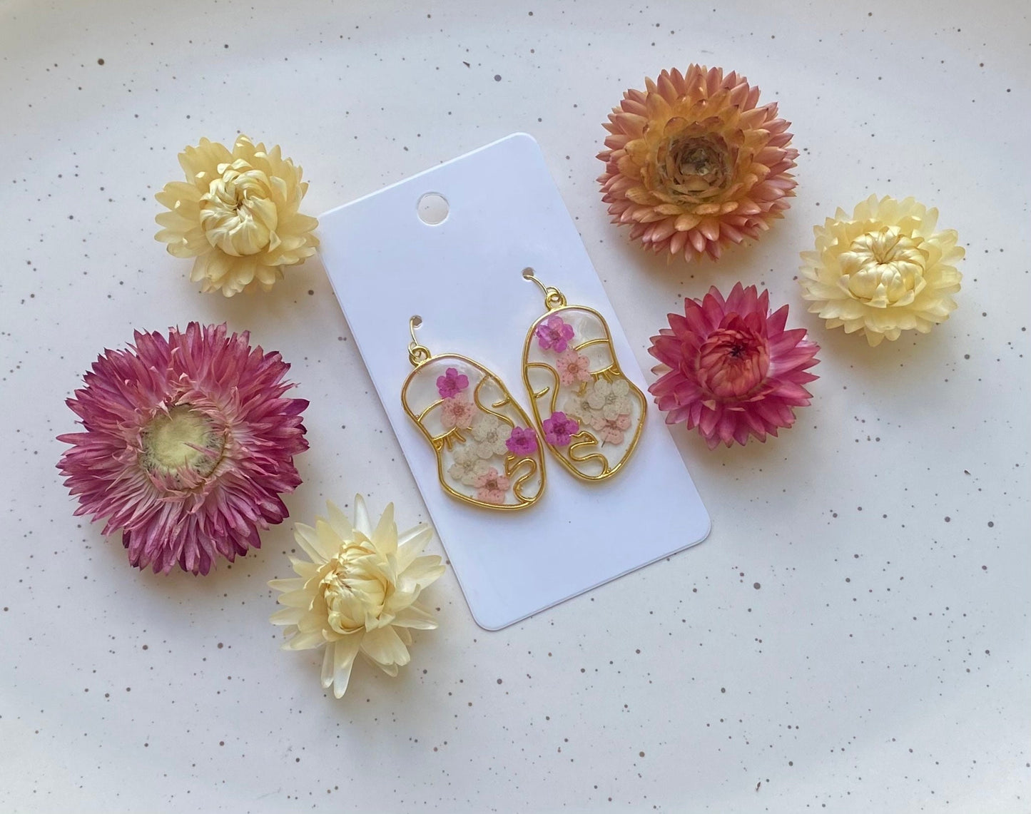 Pink & White Real Pressed Flower Earrings. Handmade. Abstract face earrings. 14K Gold Plated. Statement Earrings.