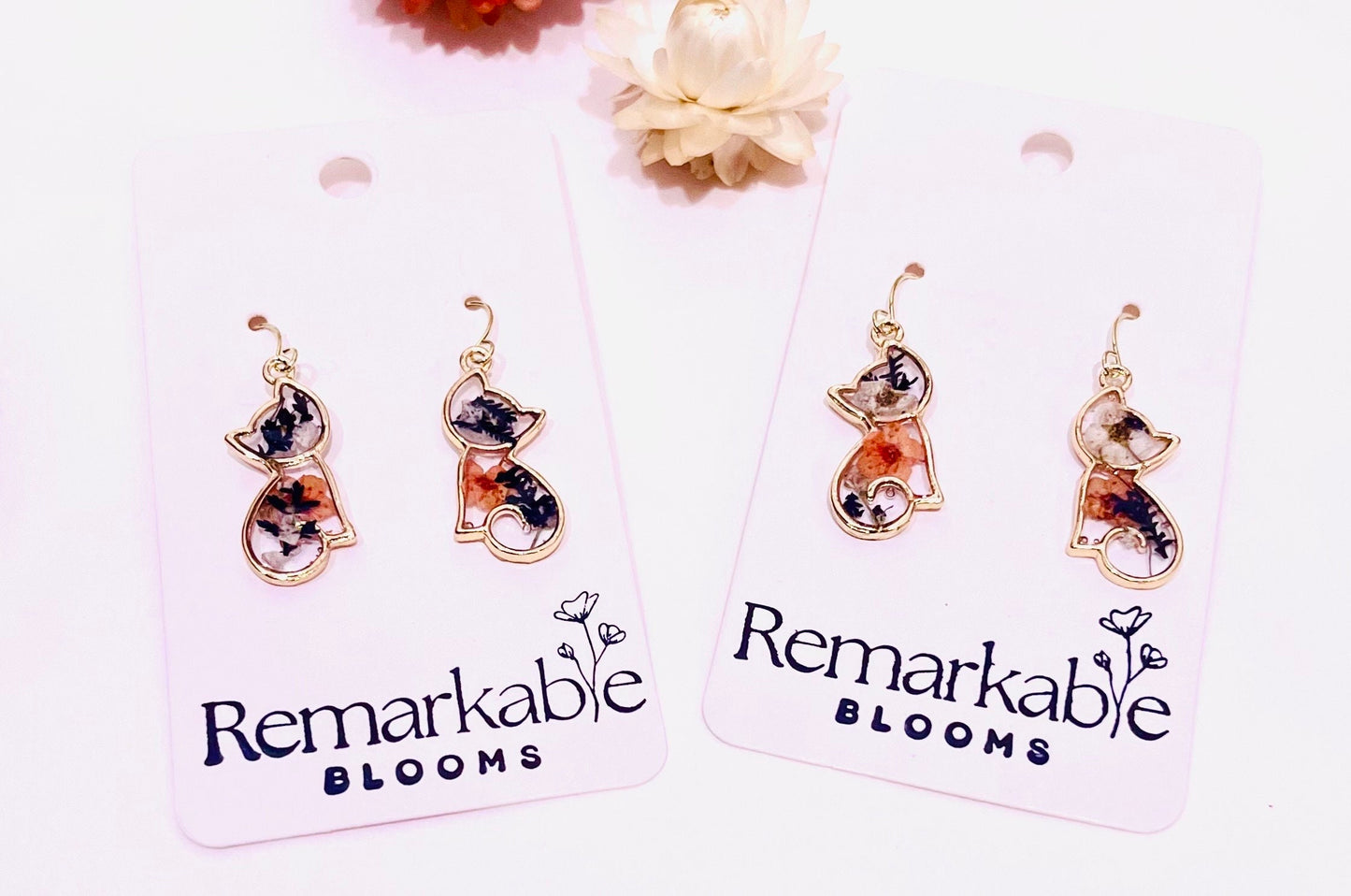 Handmade Real Pressed Calico Cat Earrings. Real orange, white, black Flowers & ferns. 4K gold plated earrings. Cat Lovers.