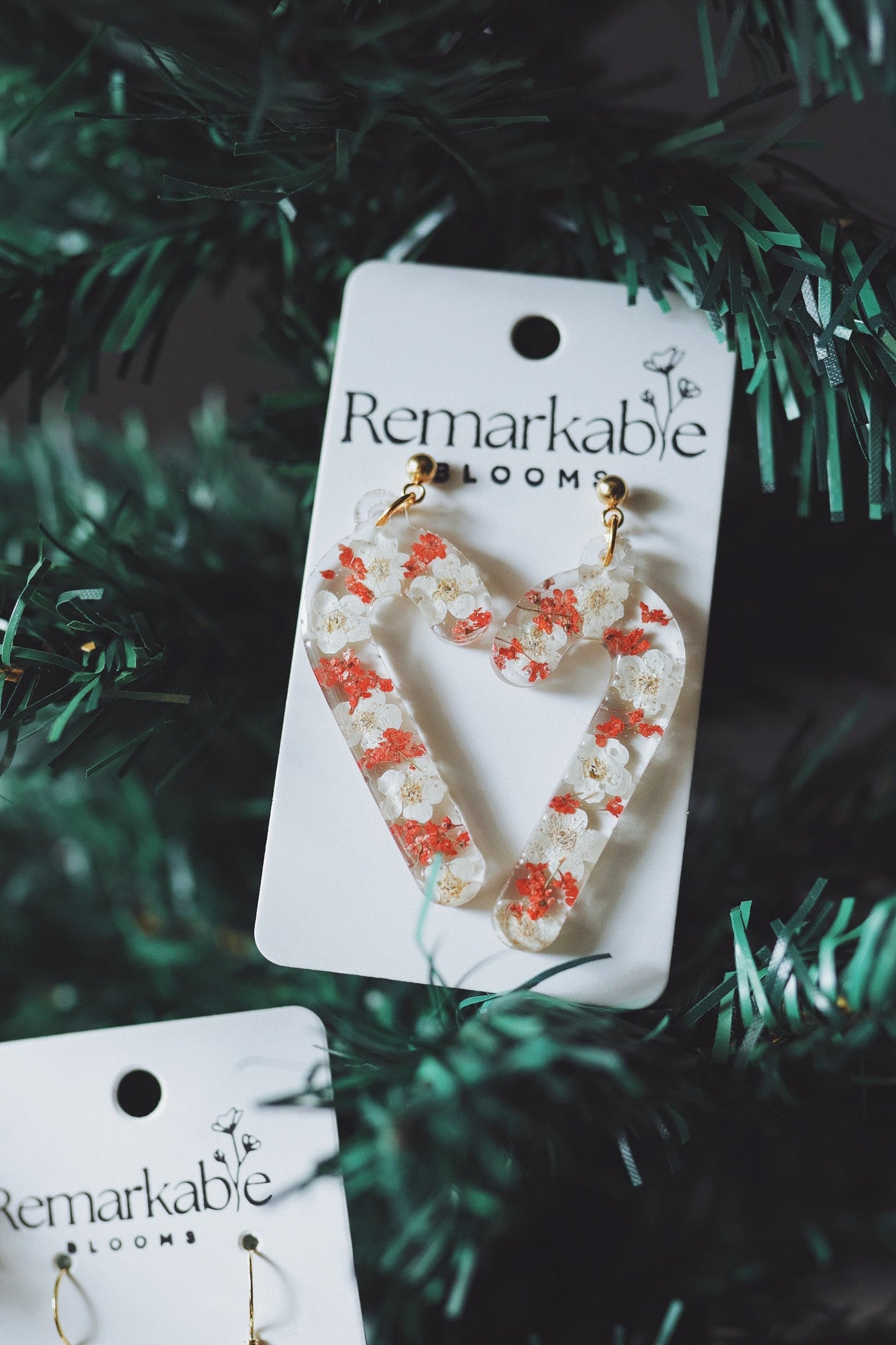 Handmade Candy Cane Earrings. Made with Real pressed flowers. Hypoallergenic. Christmas. 14K gold plated posts.