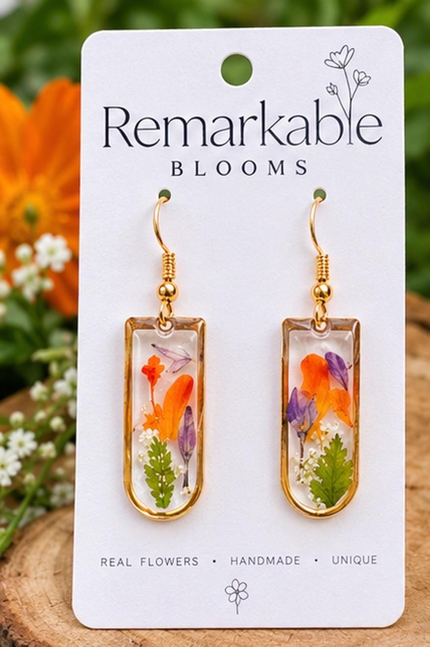 Beautiful real pressed flowers. Handmade earrings with real marigold petals. Unique October birthday gift. Hypoallergenic.