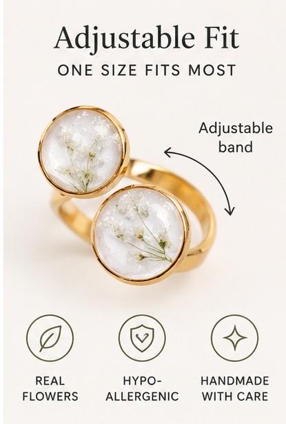 Handmade adjustable ring made with real flowers. White Queen Anne’s Lace Flowers. Minimalist. Statement.