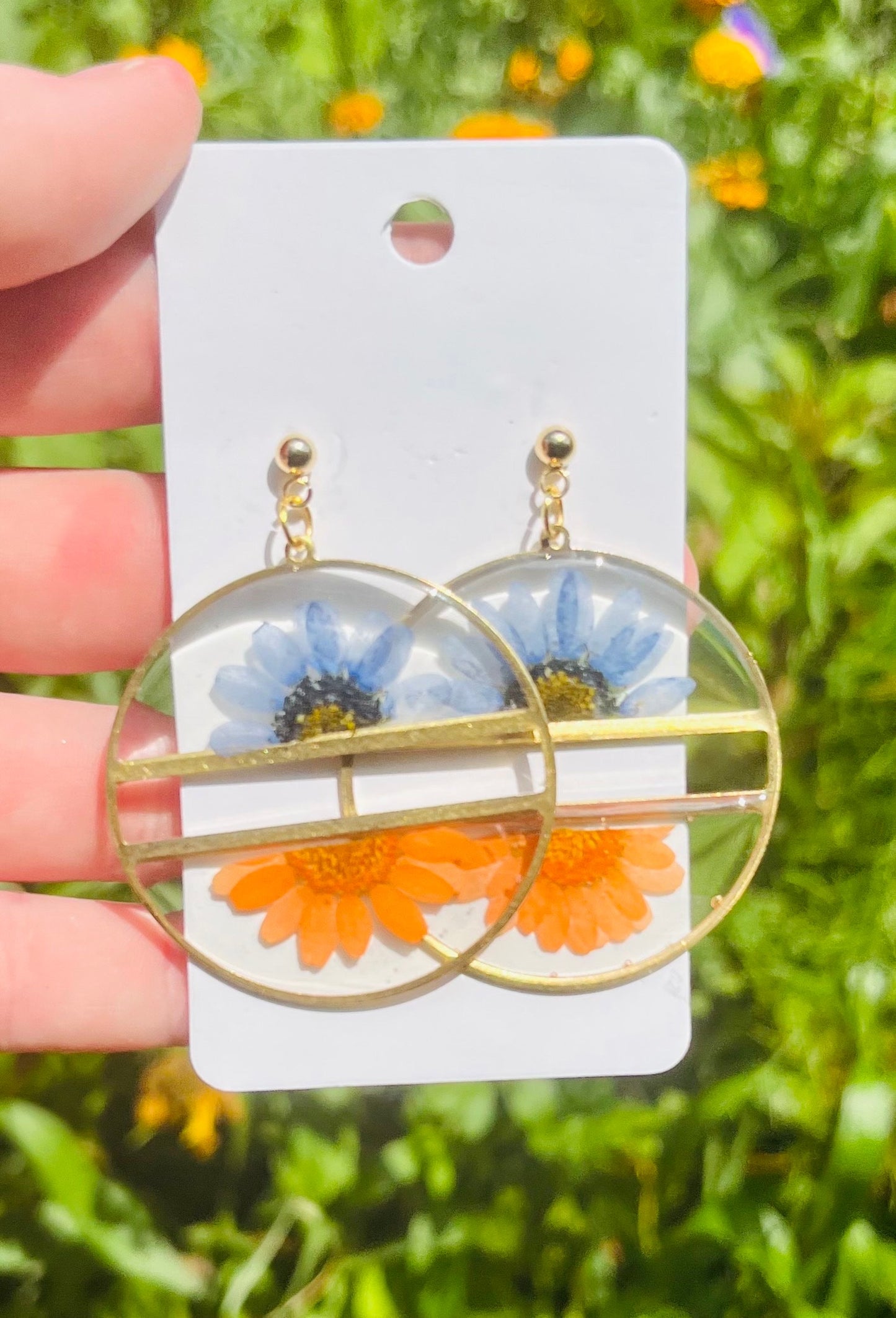 UF Gator Earrings. University of Florida. Orange and Blue. Made with real pressed flowers. Hypoallergenic Earrings. 24K gold.