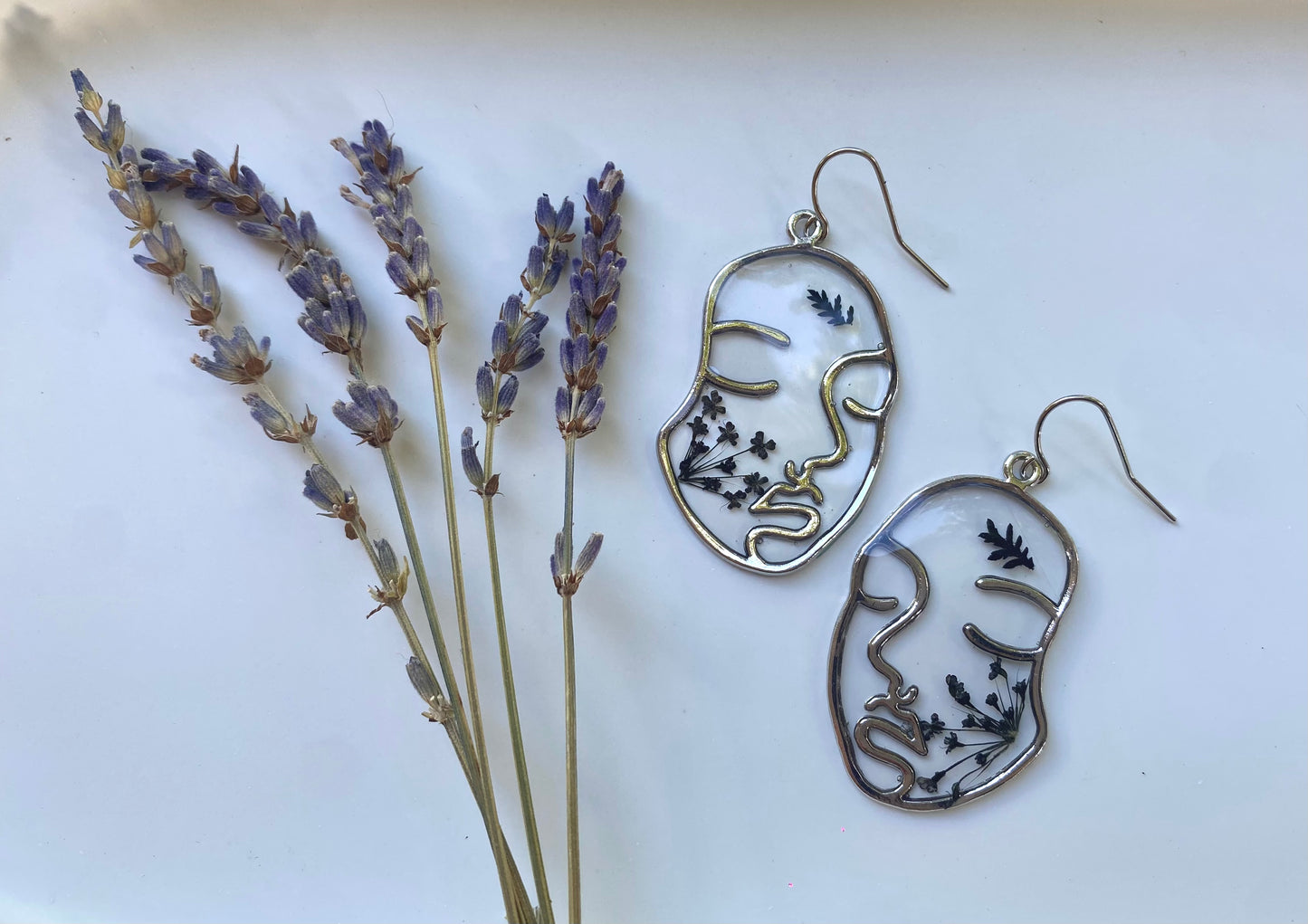 Handmade Black Fern Earrings. Abstract Silver Face earrings. Black Queen Anne’s lace and black ferns. 14K white gold plated