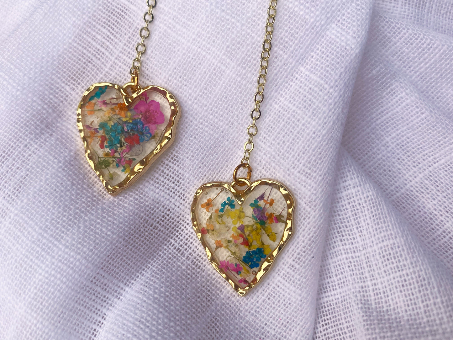Handmade Heart-Shaped Terrarium Dangle Earrings. Hypoallergenic. 24K gold.