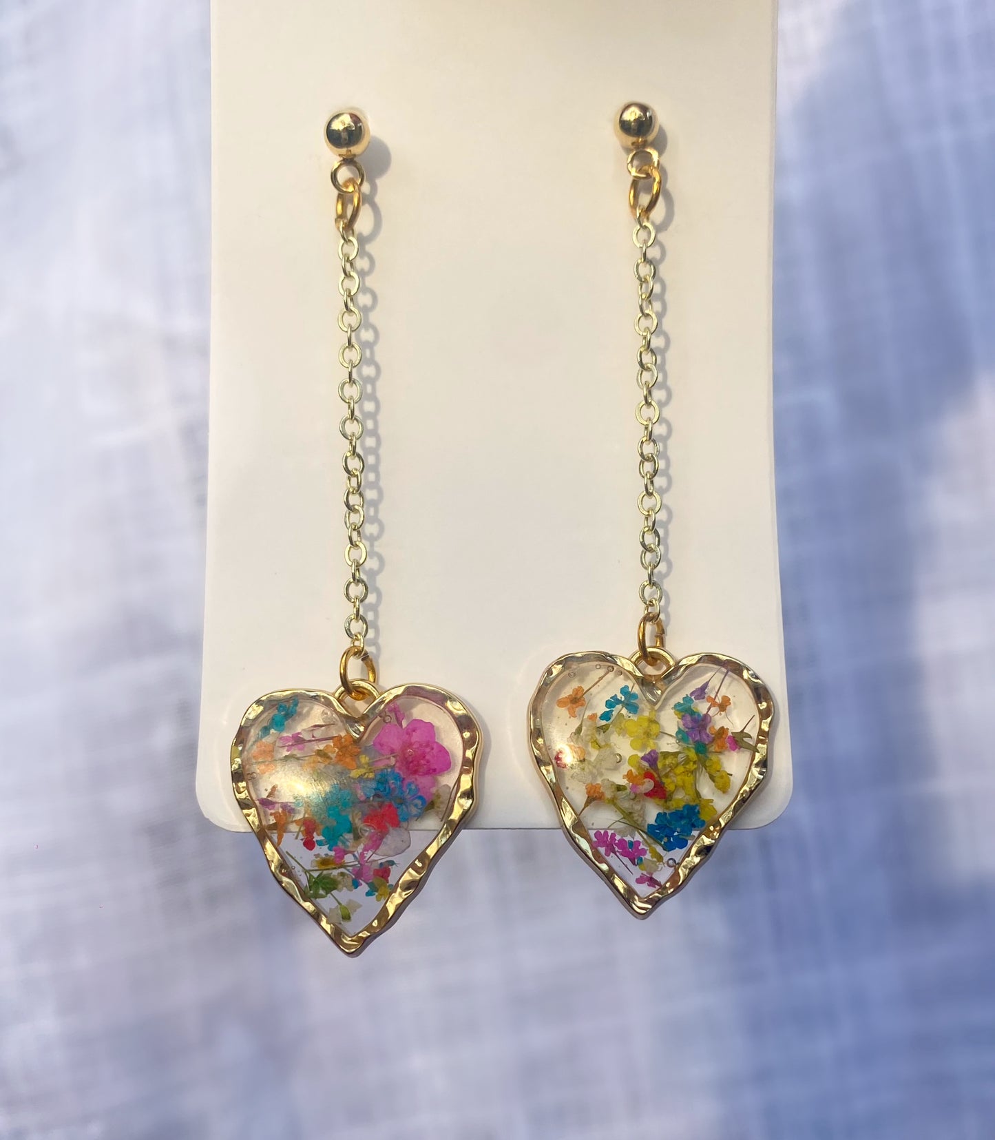 Handmade Heart-Shaped Terrarium Dangle Earrings. Hypoallergenic. 24K gold.