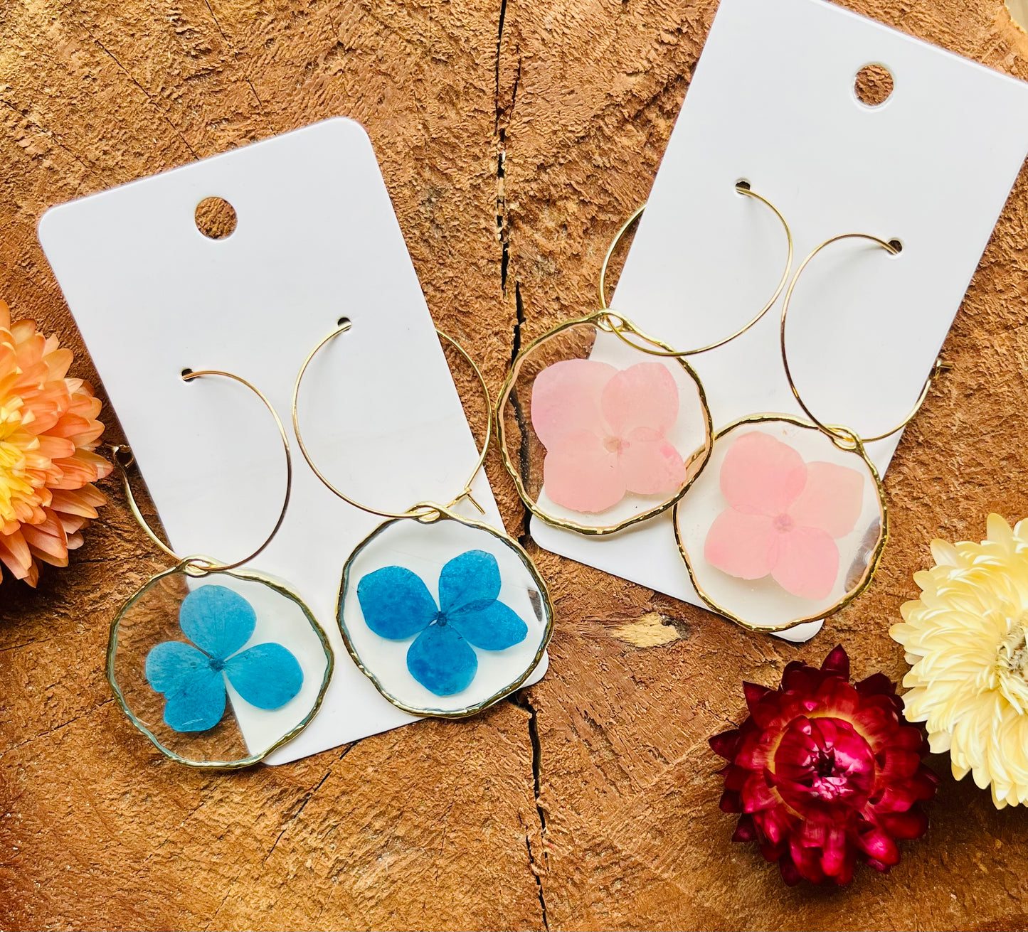 Real Hydrangea 18K Gold Plated Hoops. Pink and Blue Hydrangeas. One of a kind gift.
