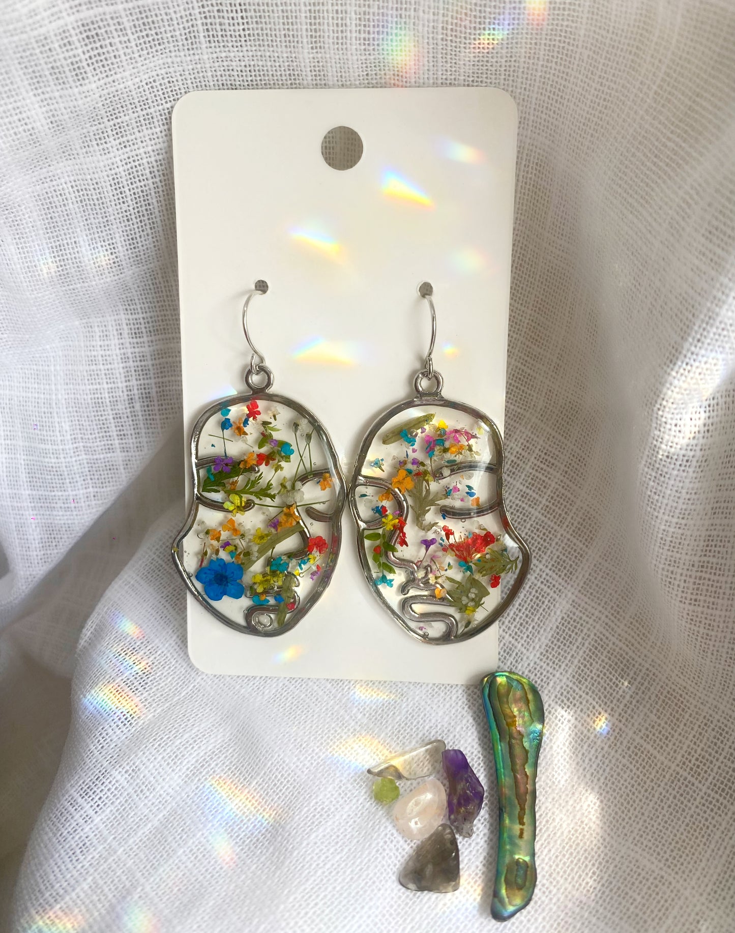 Handmade Abstract Rainbow Silver Face earrings. Made with Queen Anne’s lace flowers. 14K white gold plated.