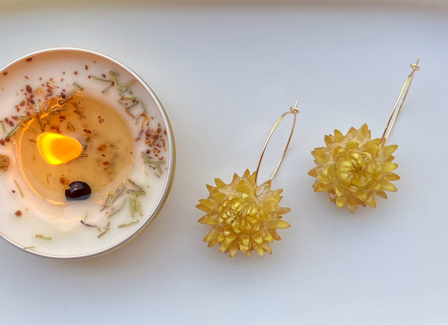 Handmade Real Dried Flower Earrings. Real pink, white, and yellow strawflowers. 18K gold plated hoops.