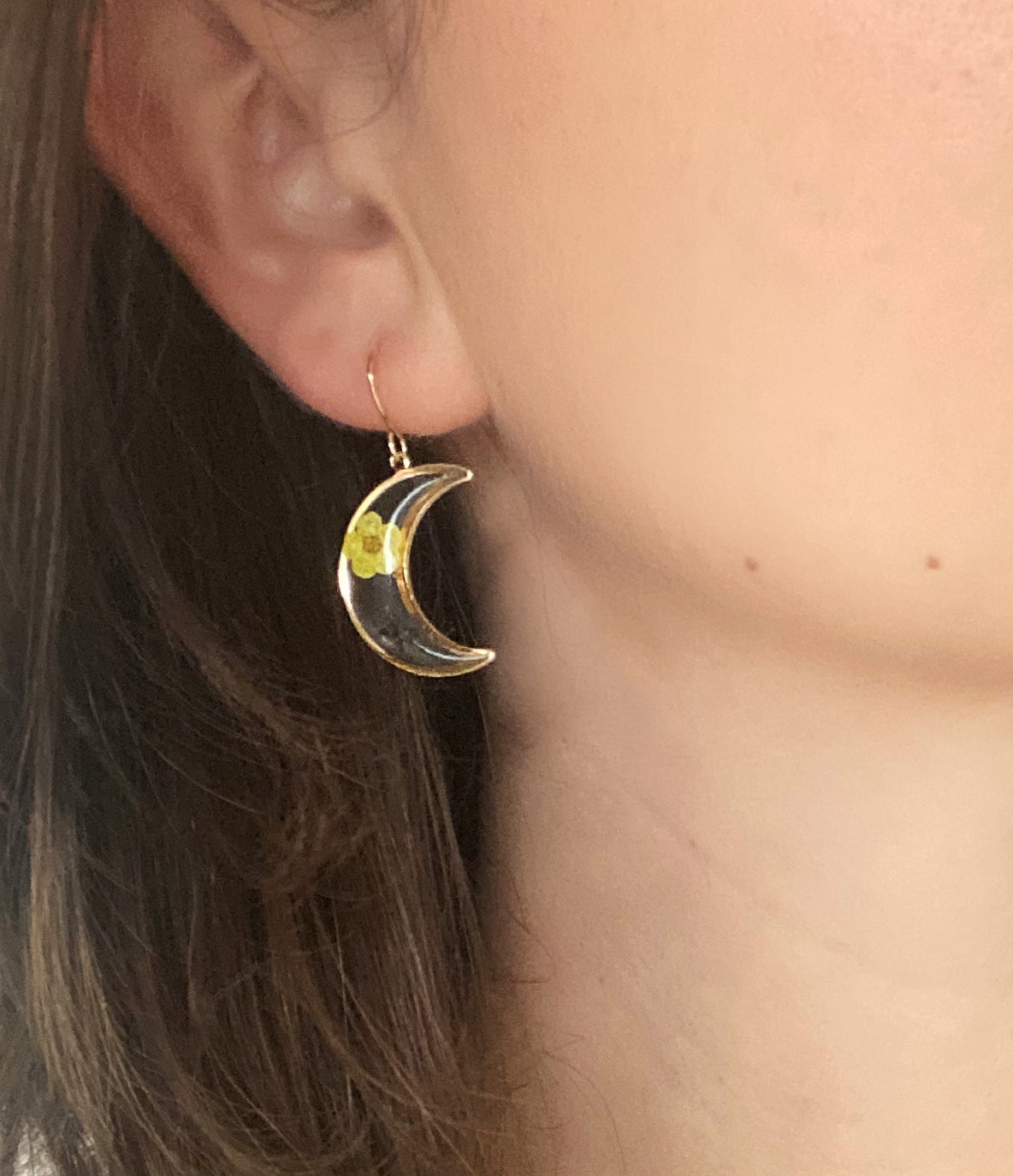 Crescent Moon Earrings. 14K Gold plated. Made with Real Pressed Flowers. Perfect for Halloween.