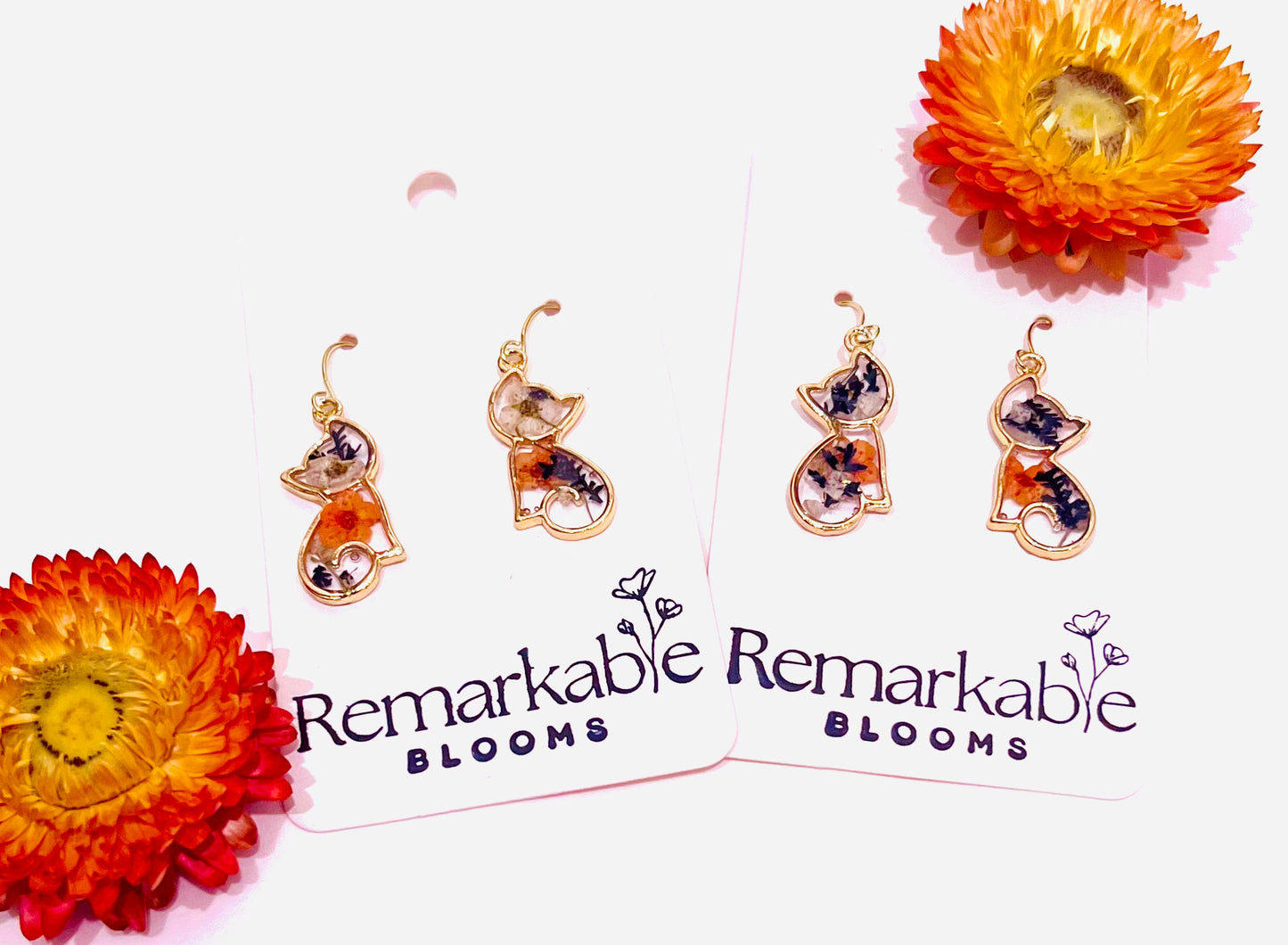 Handmade Real Pressed Calico Cat Earrings. Real orange, white, black Flowers & ferns. 4K gold plated earrings.  Cat Lovers.