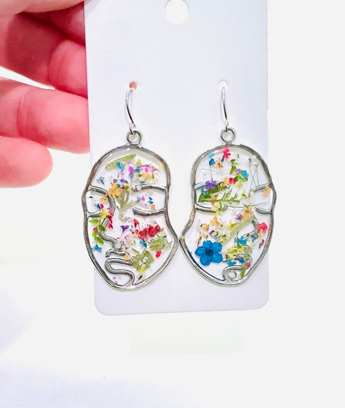 Handmade Abstract Rainbow Silver Face earrings. Made with Queen Anne’s lace flowers. 14K white gold plated.