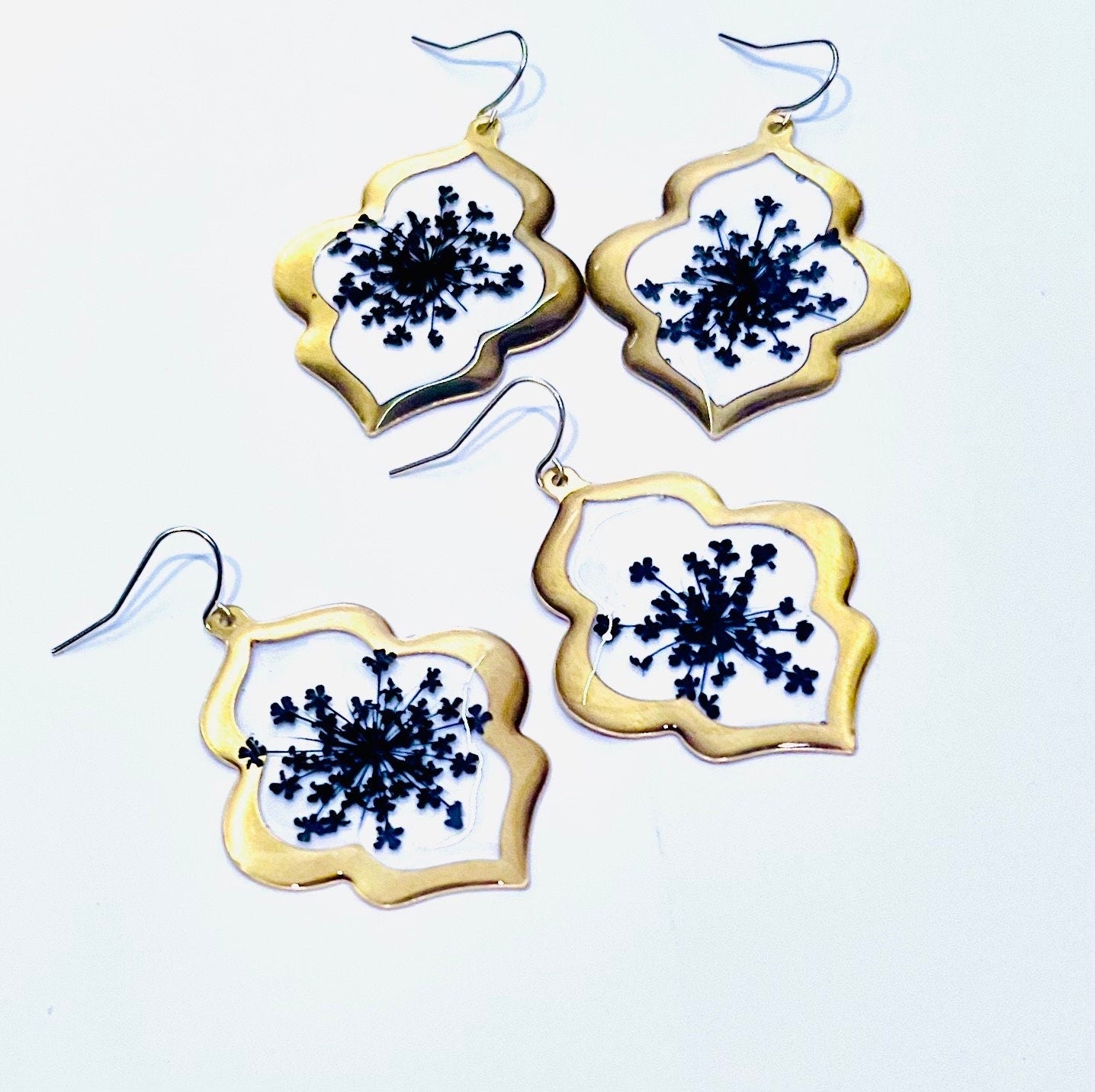 Handmade Real Pressed Flowers Earrings. Black Queen Anne’s Lace Flowers. 14 K Gold plated earring hooks.