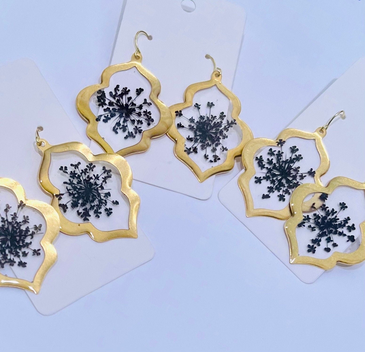 Handmade Real Pressed Flowers Earrings. Black Queen Anne’s Lace Flowers. 14 K Gold plated earring hooks.