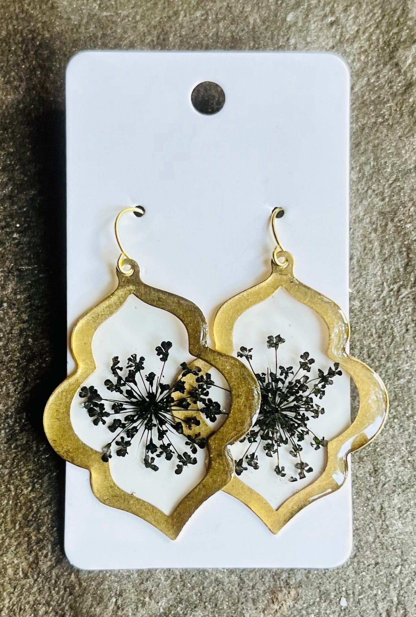 Handmade Real Pressed Flowers Earrings. Black Queen Anne’s Lace Flowers. 14 K Gold plated earring hooks.