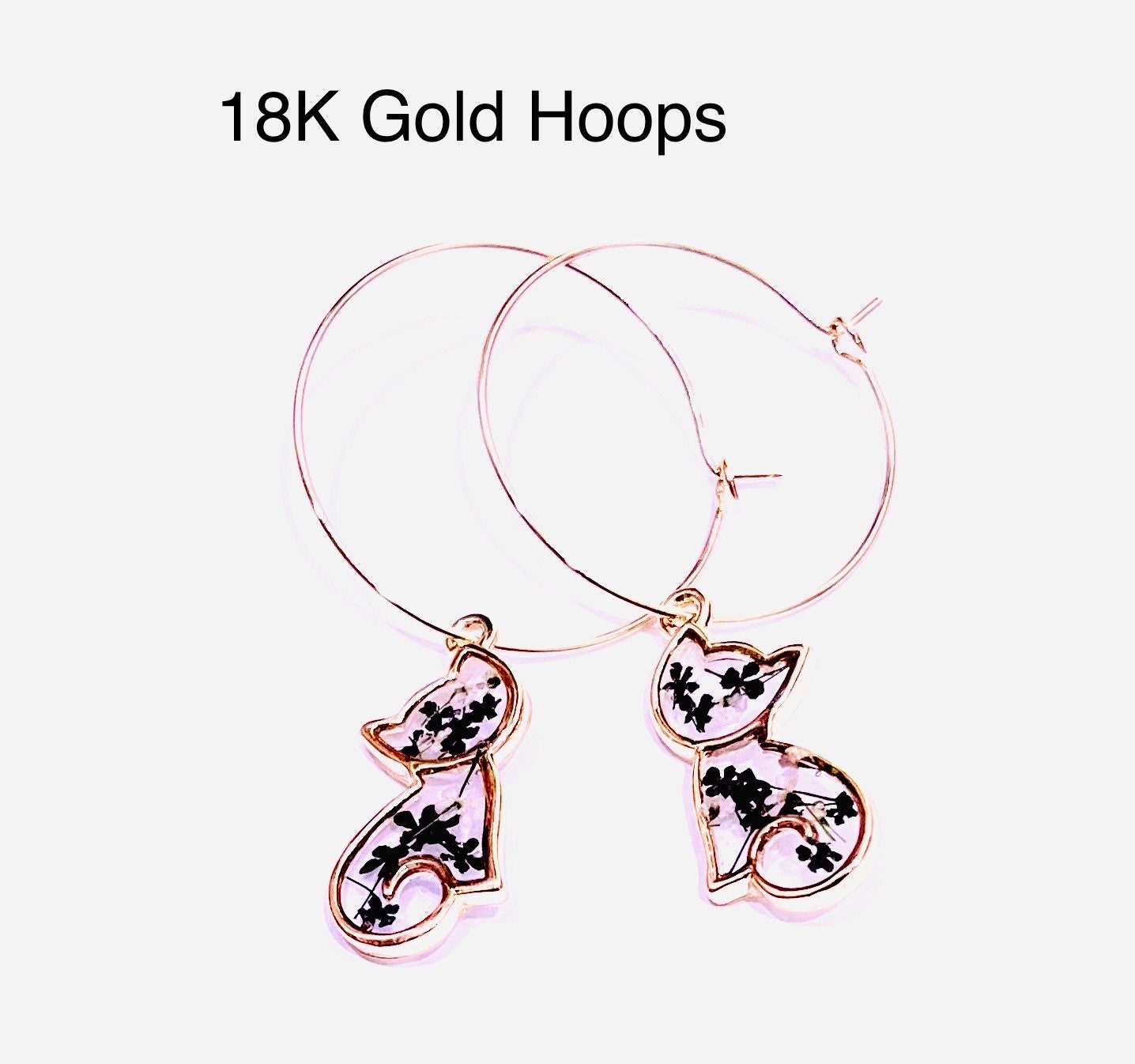Tuxedo Cat Earrings made with Black and White Queen Anne’s lace flowers. 14K white gold plated earrings. 18K Gold Hoops. Special Gift for Cat Lovers.