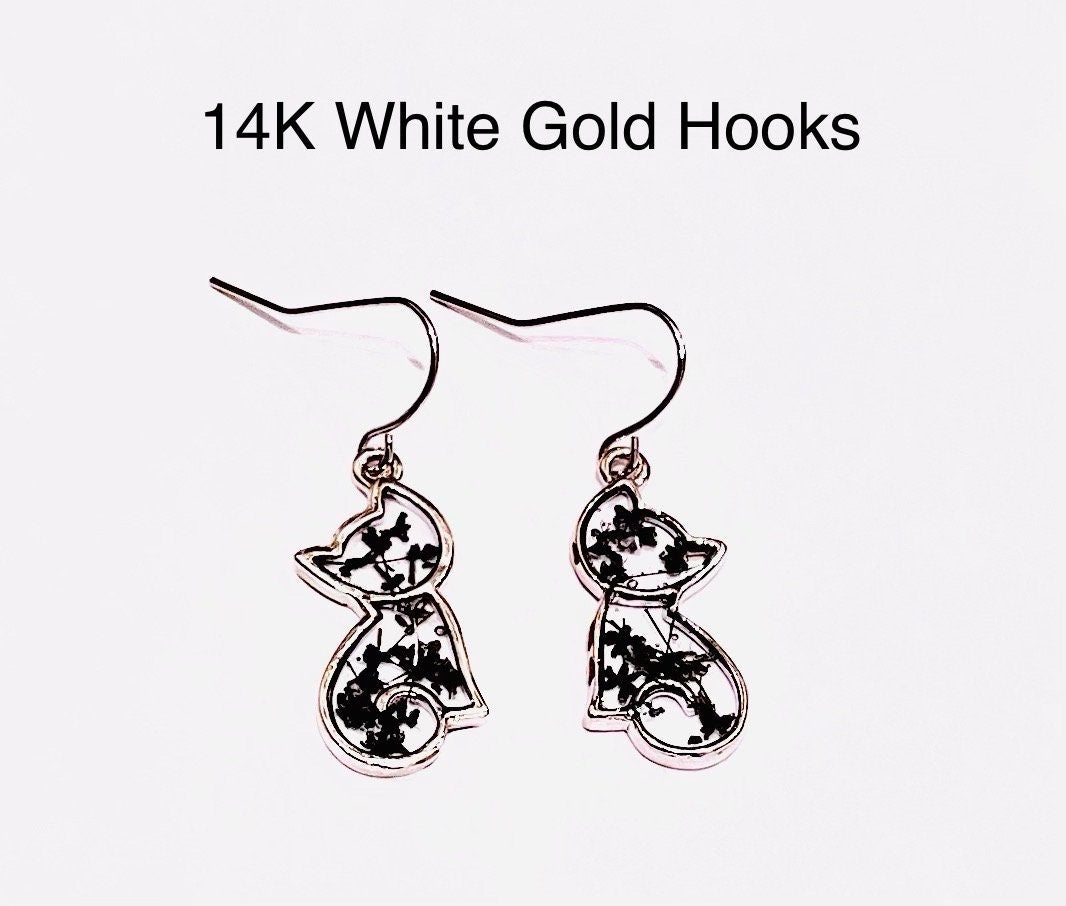 Halloween Earrings. Black Cats. 18K gold plated. Made with Black Queen Anne’s lace flowers.