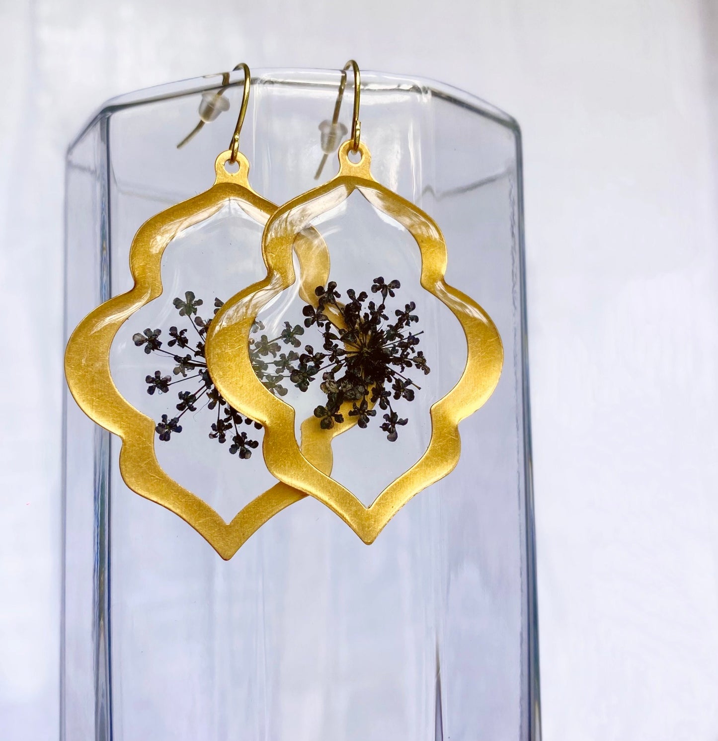 Handmade Real Pressed Flowers Earrings. Black Queen Anne’s Lace Flowers. 14 K Gold plated earring hooks.