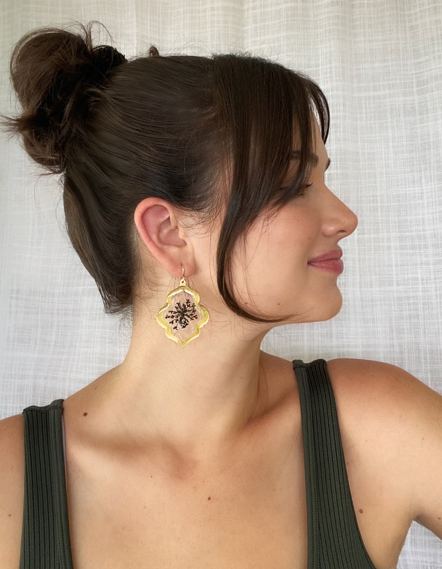 Handmade Real Pressed Flowers Earrings. Black Queen Anne’s Lace Flowers. 14 K Gold plated earring hooks.