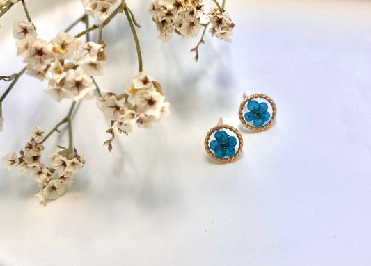 Handmade Real Pressed Blue flower stud earrings. Real blue narcissus flowers. A unique gift. Hypoallergenic. 18K Gold.