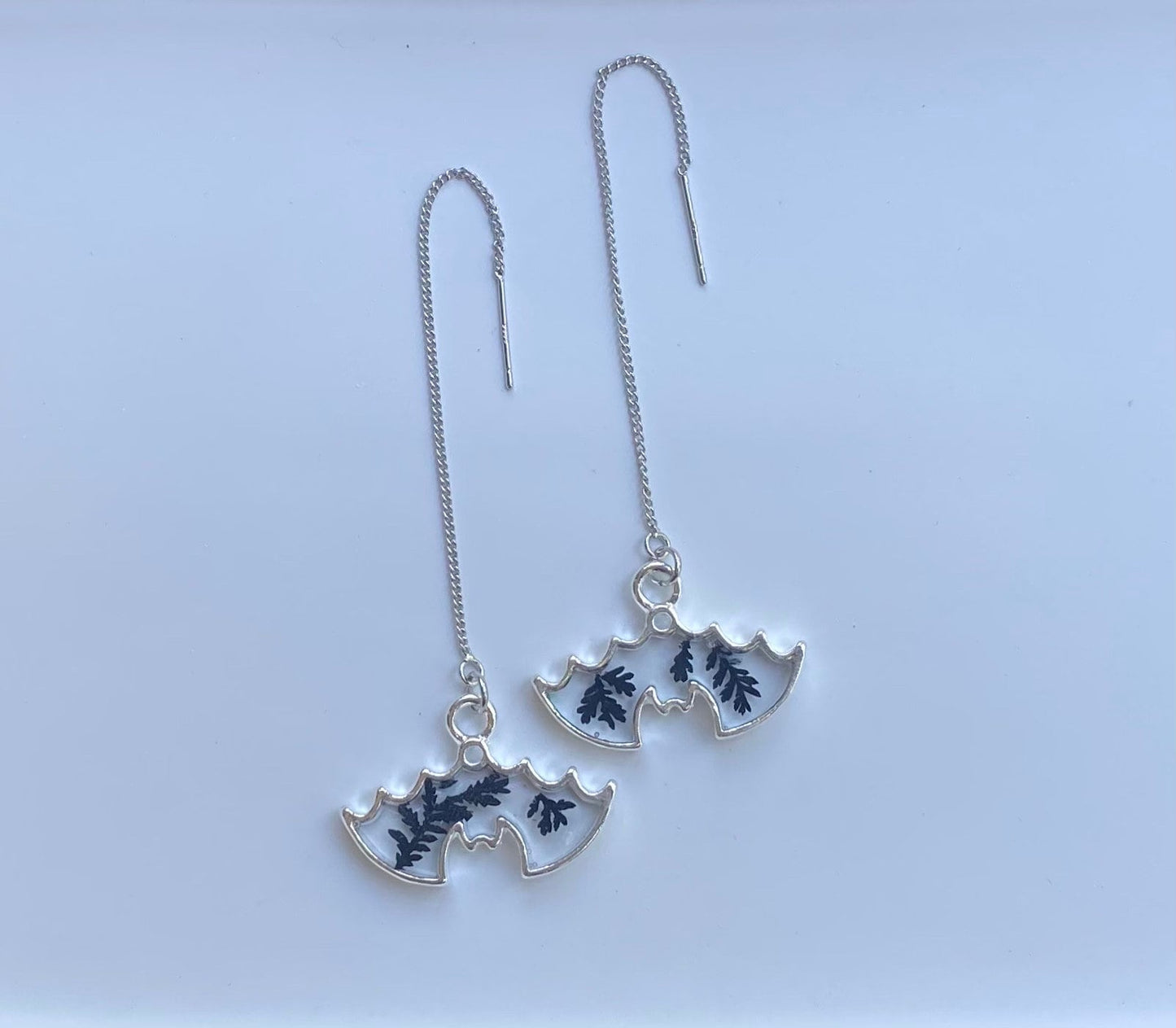 Halloween Bat Dangles. Platinum plated threaded earrings. Made with Black Ferns.