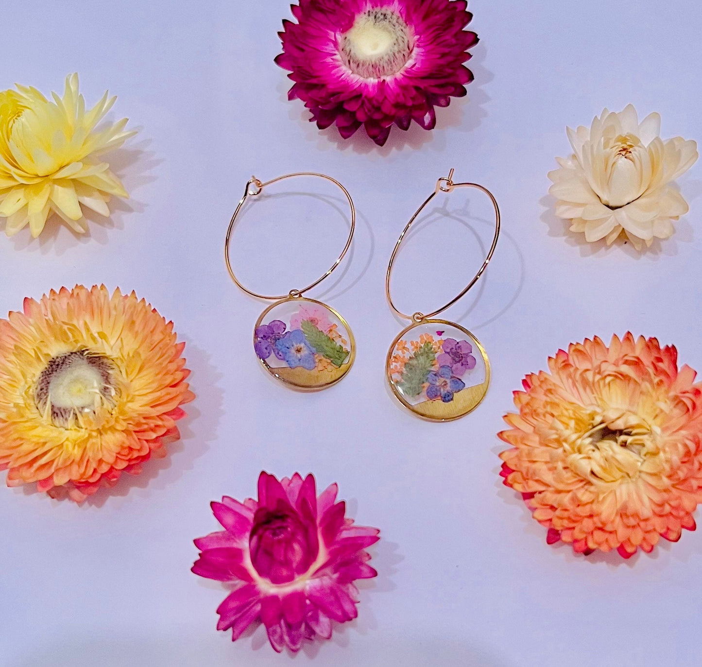 Handmade with pressed flowers & Ferns. Hypoallergenic Earrings. Terrarium earrings. 18K Gold Plated Hoops.