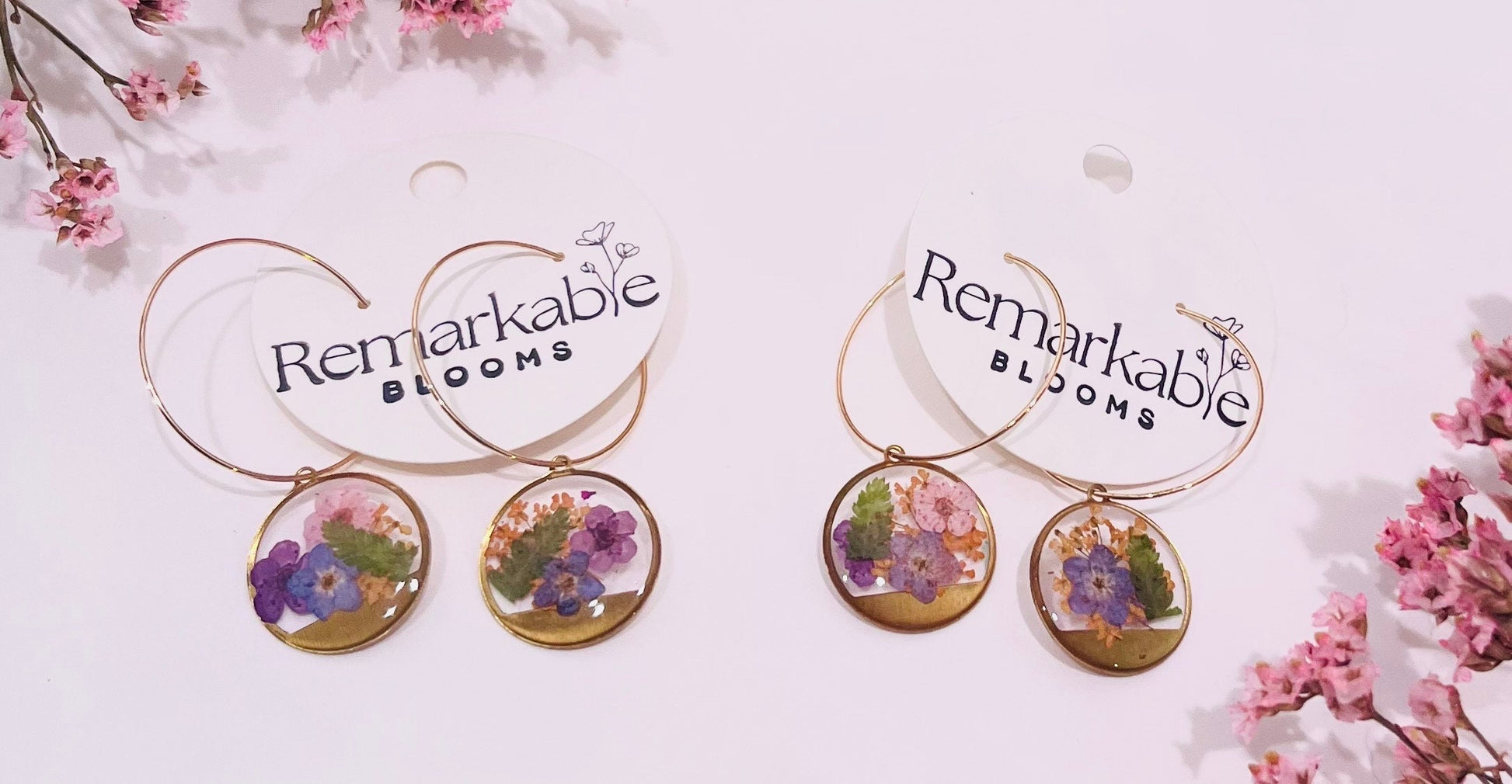 Handmade with pressed flowers & Ferns. Hypoallergenic Earrings. Terrarium earrings. 18K Gold Plated Hoops.