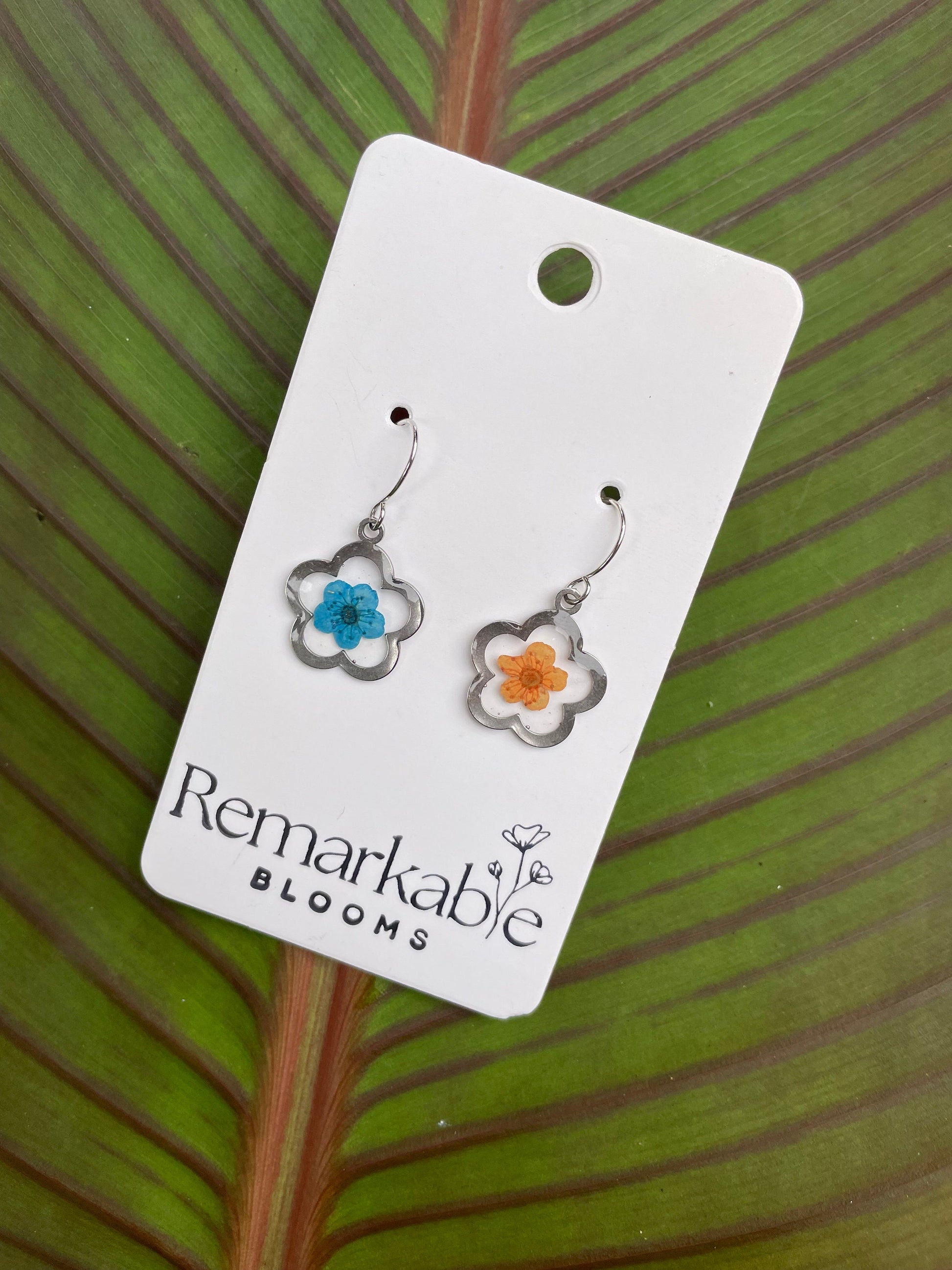 Dainty UF Gator Earrings. University of Florida. Orange and Blue. Made with real pressed flowers. Hypoallergenic Earrings. 14K gold.