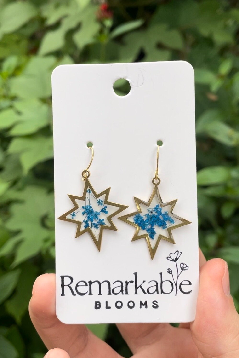 Handmade North Star Earrings made with Real Blue Pressed Flower. Holiday Earrings. Personal gift. Christmas Gift.