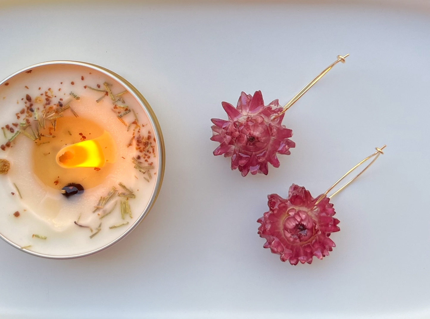 Handmade Real Dried Flower Earrings. Real pink, white, and yellow strawflowers. 18K gold plated hoops.