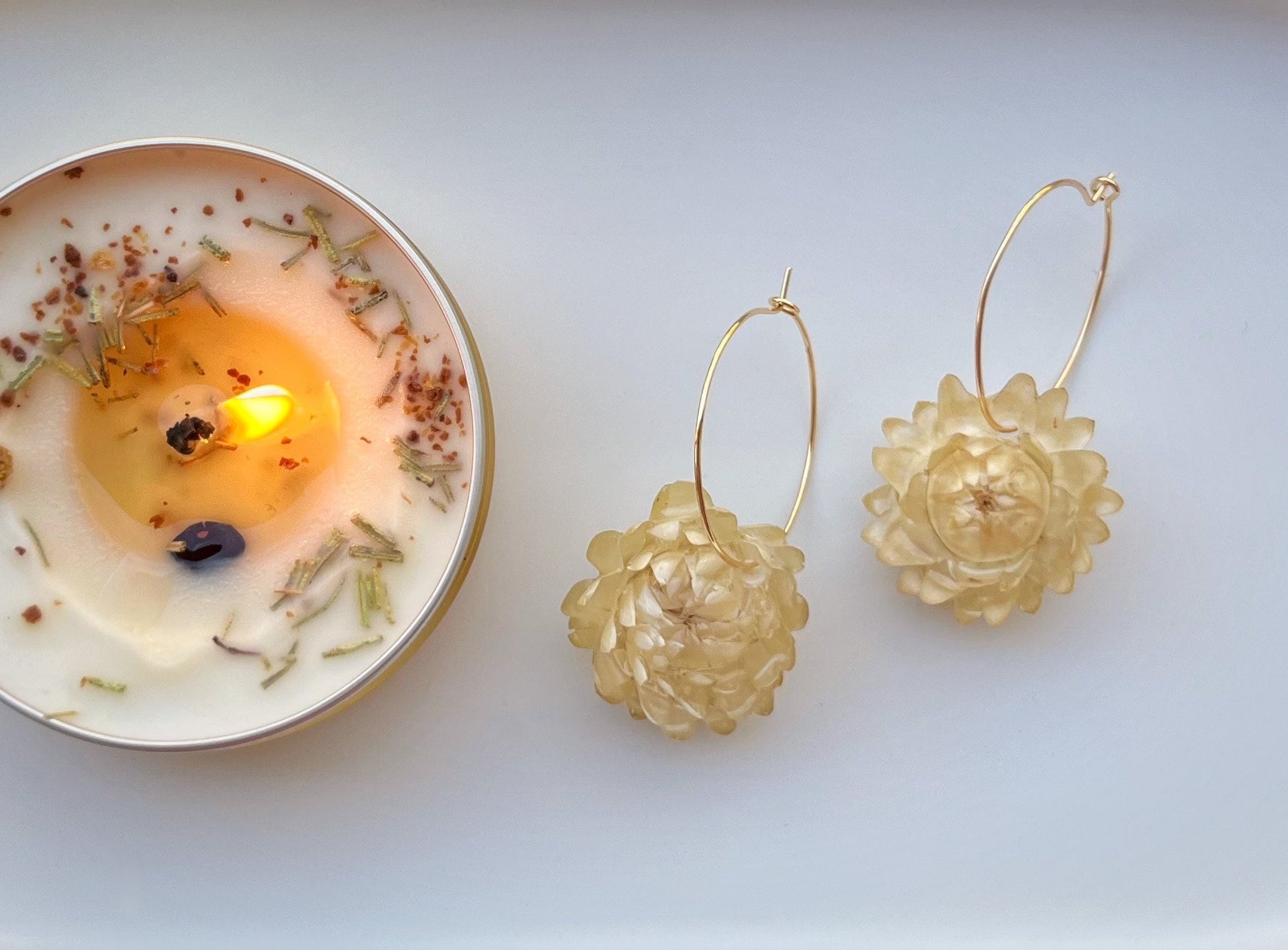 Handmade Real Dried Flower Earrings. Real pink, white, and yellow strawflowers. 18K gold plated hoops.