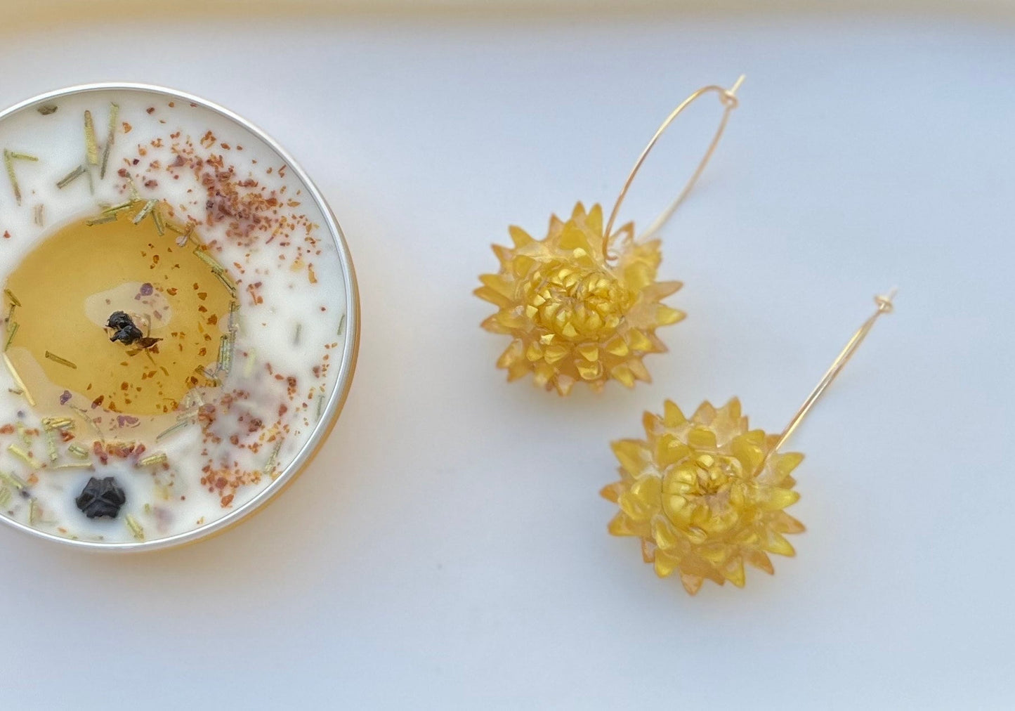 Handmade Real Dried Flower Earrings. Real pink, white, and yellow strawflowers. 18K gold plated hoops.