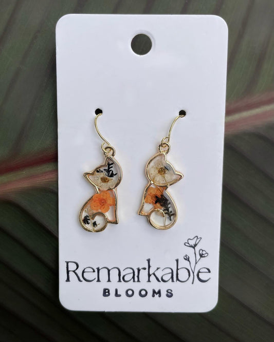 Handmade Real Pressed Calico Cat Earrings. Real orange, white, black Flowers & ferns. 4K gold plated earrings. Cat Lovers.