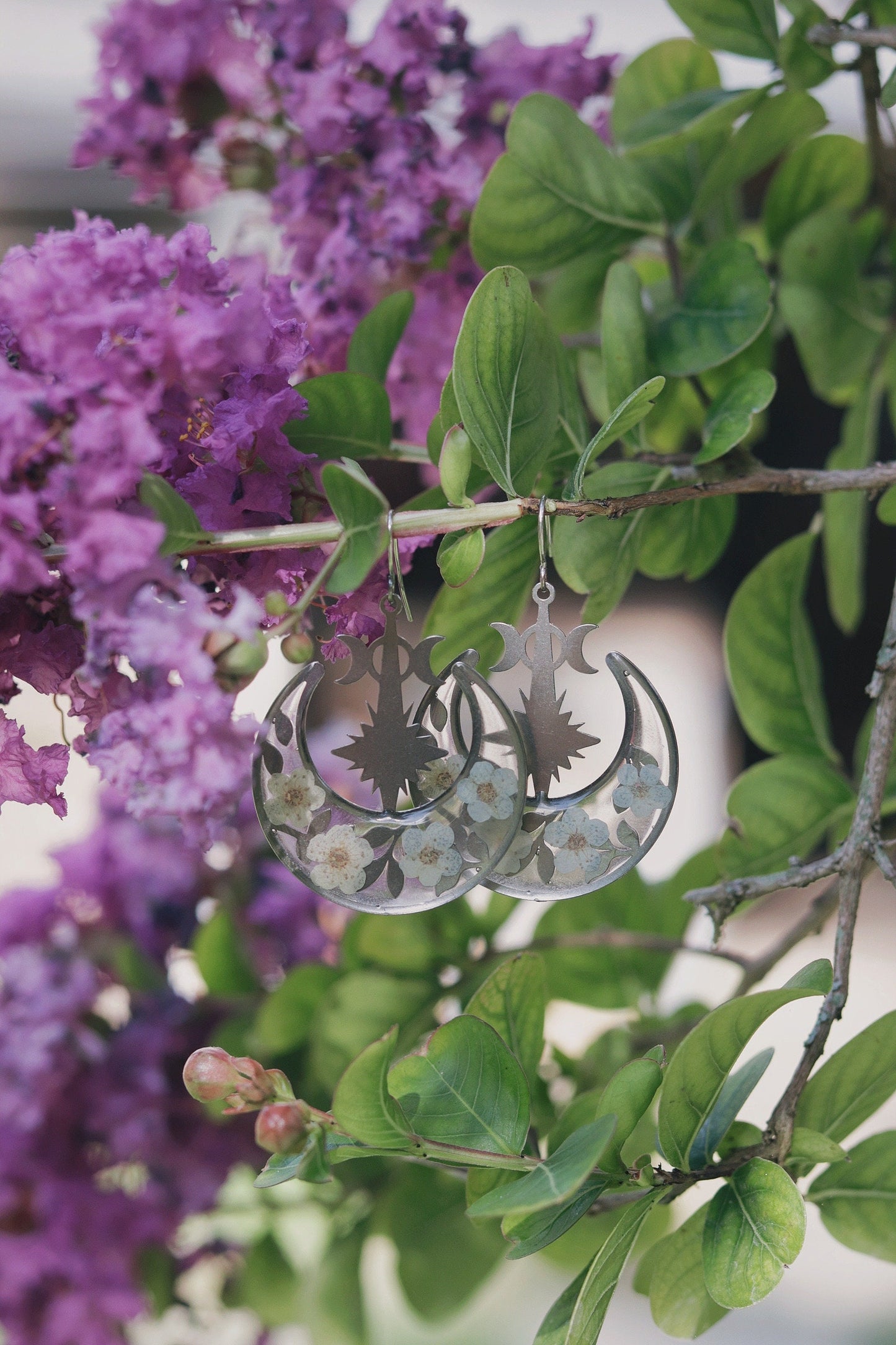 Handmade Moon Shaped Real Pressed Flower Earrings. Witchy Jewelry. 14K White Gold plated.