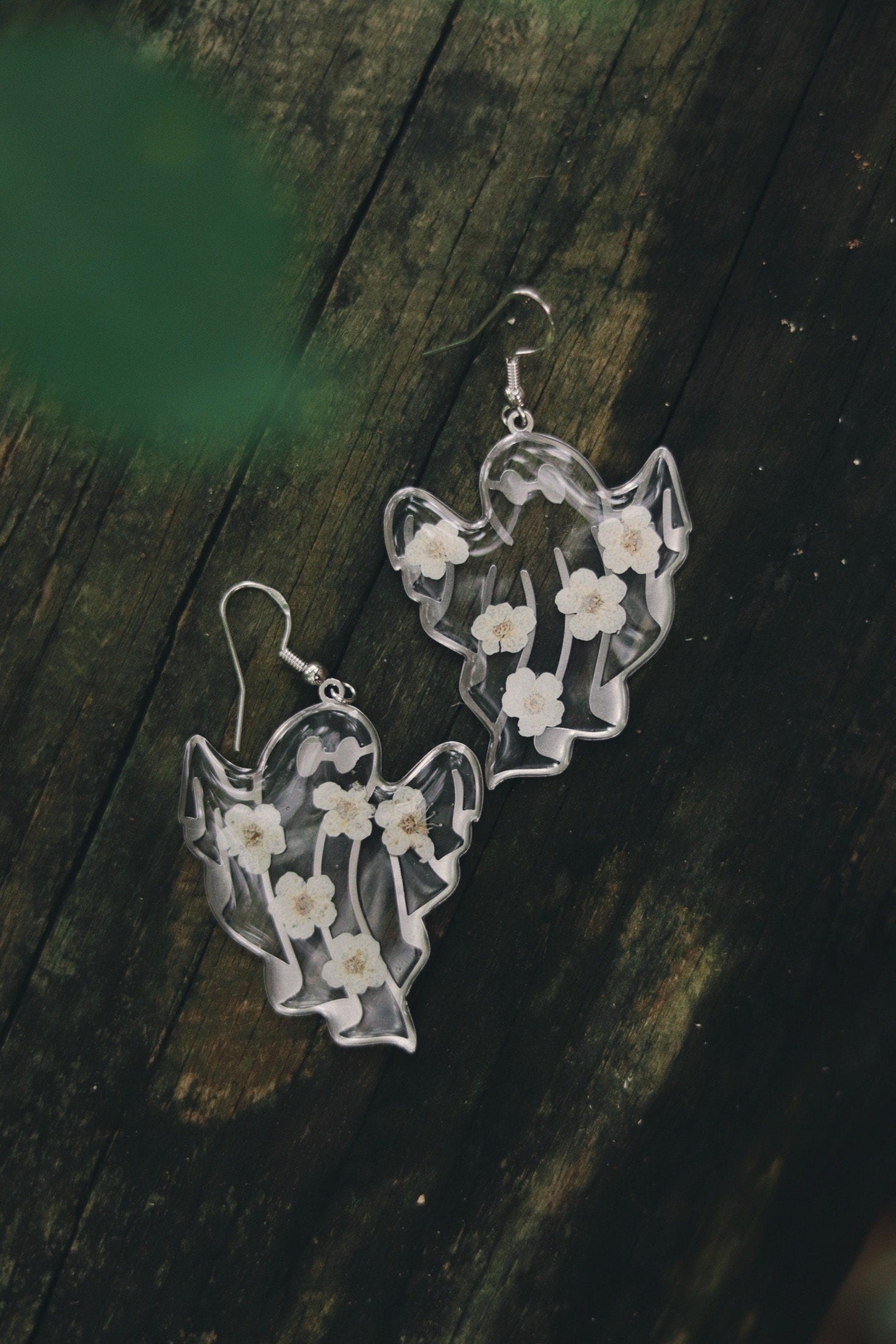 Halloween Ghost Earrings. Made with Real Pressed Flowers. 14K Gold plated.