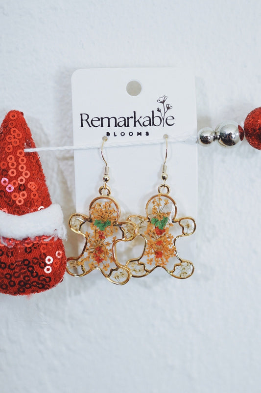 Handmade Ginger Bread Men Earrings. Made with Real pressed flowers. Hypoallergenic. Christmas. 14K gold plated posts.