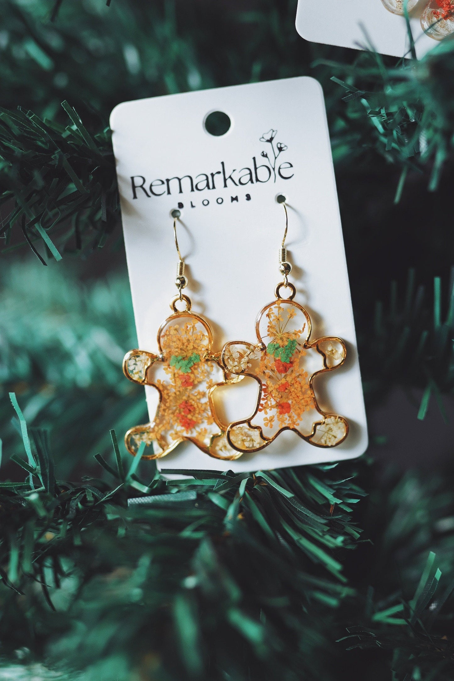 Handmade Ginger Bread Men Earrings. Made with Real pressed flowers. Hypoallergenic. Christmas. 14K gold plated posts.