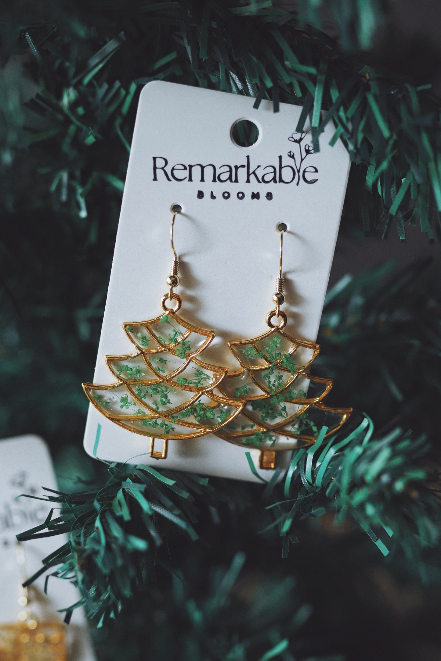 Handmade Christmas Tree Earrings. Made with Real pressed flowers. Hypoallergenic. Christmas. 14K gold plated posts.