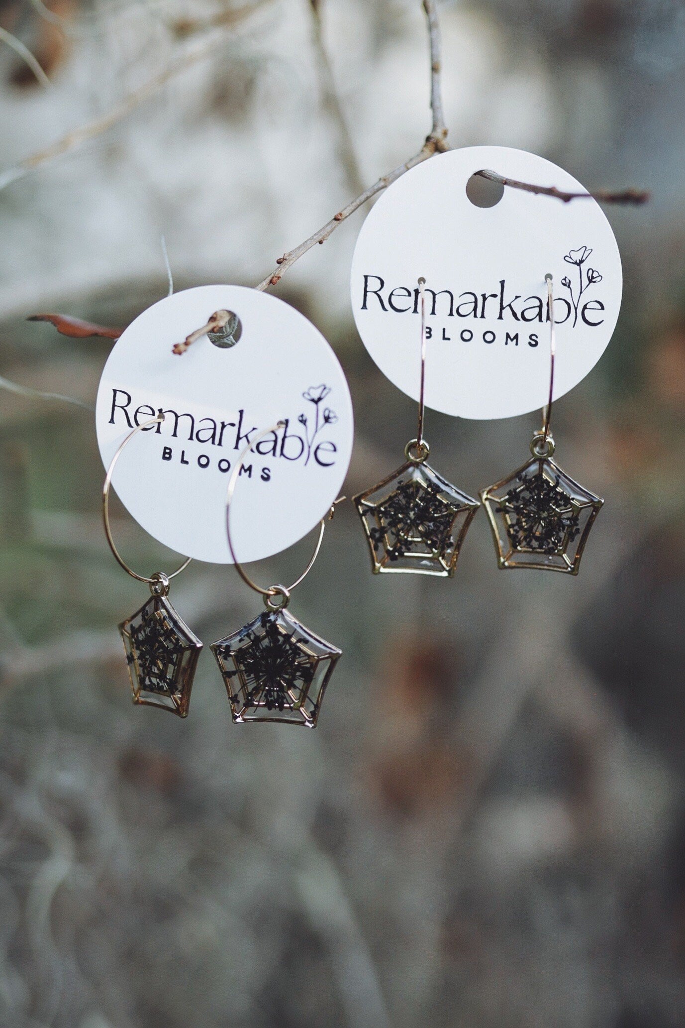 Handmade Halloween spider Web shaped earrings. Real Pressed Flower Earrings. Halloween Jewelry. 14K Gold plated.