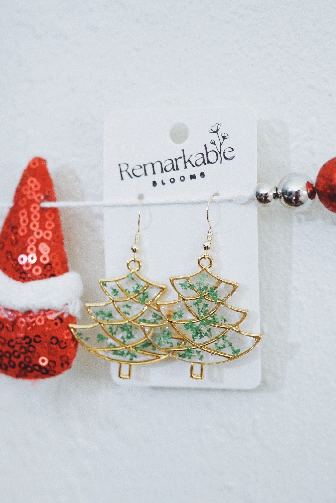 Handmade Christmas Tree Earrings. Made with Real pressed flowers. Hypoallergenic. Christmas. 14K gold plated posts.