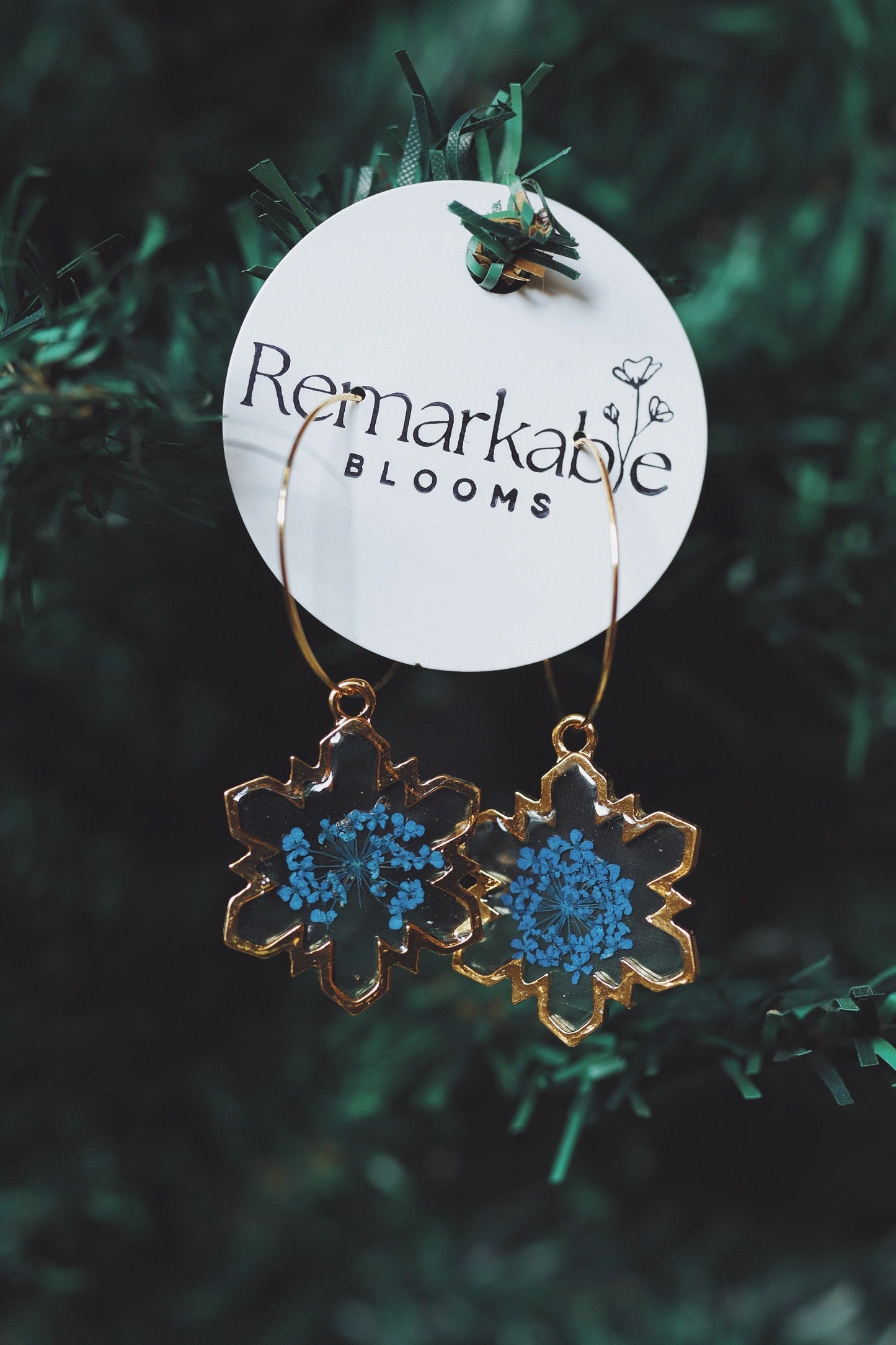 Handmade Snowflake Earrings. Made with Real pressed flowers. Hypoallergenic. Christmas. 14K gold plated posts.