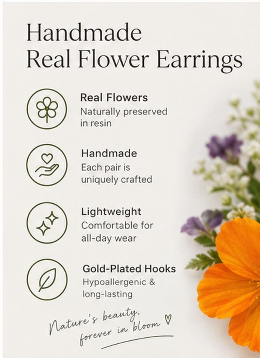 Beautiful real pressed flowers. Handmade earrings with real marigold petals. Unique October birthday gift. Hypoallergenic.