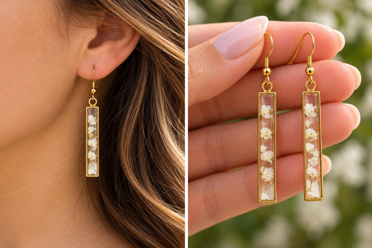 Handmade minimalist Earrings. Made with pressed Queen Anne’s Lace flowers. Hypoallergenic Earrings. 14K gold Plated.