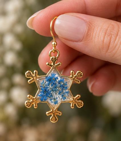 Handmade Snowflake Earrings made with Real Blue Pressed Flower. Holiday Earrings. Personal gift. Christmas Gift.