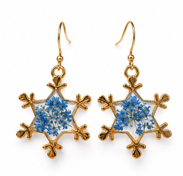 Handmade Snowflake Earrings made with Real Blue Pressed Flower. Holiday Earrings. Personal gift. Christmas Gift.