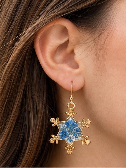Handmade Snowflake Earrings made with Real Blue Pressed Flower. Holiday Earrings. Personal gift. Christmas Gift.