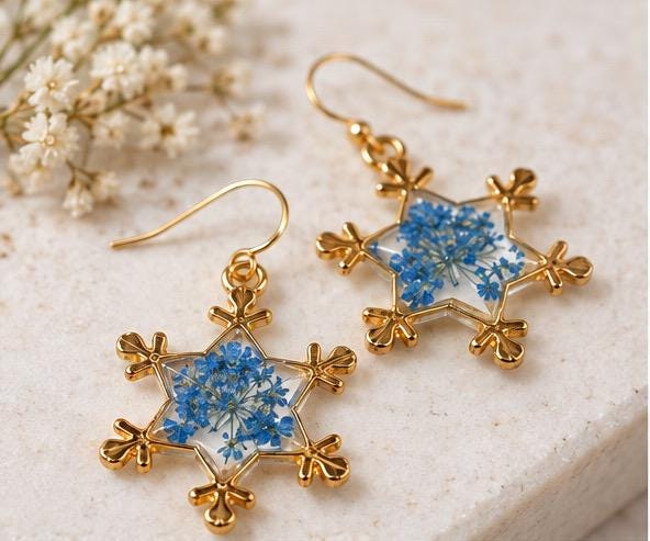 Handmade Snowflake Earrings made with Real Blue Pressed Flower. Holiday Earrings. Personal gift. Christmas Gift.