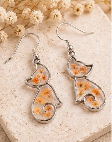 Handmade Real Pressed orange Flowers. Orange Cat Earrings. Orange Queen Anne’s lace flowers. Surgical steel earrings. Cat Lovers.