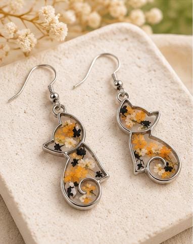 Handmade Real Pressed Orange, Black, White Flowers. Calico Cat Earrings. Orange Queen Anne’s lace. Surgical steel earrings. Cat Lovers.