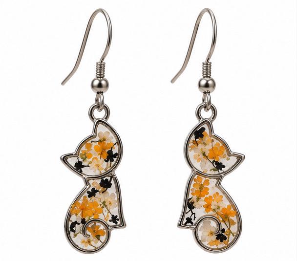 Handmade Real Pressed Orange, Black, White Flowers. Calico Cat Earrings. Orange Queen Anne’s lace. Surgical steel earrings. Cat Lovers.